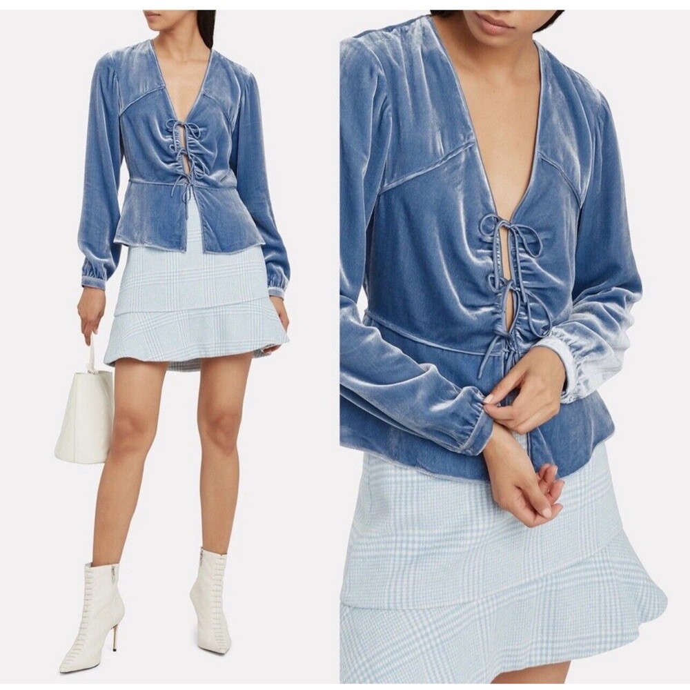 Intermix 8 Blue Velvet Balloon Sleeve Tie-front Top W/ Satin Ribbon Trim NWT